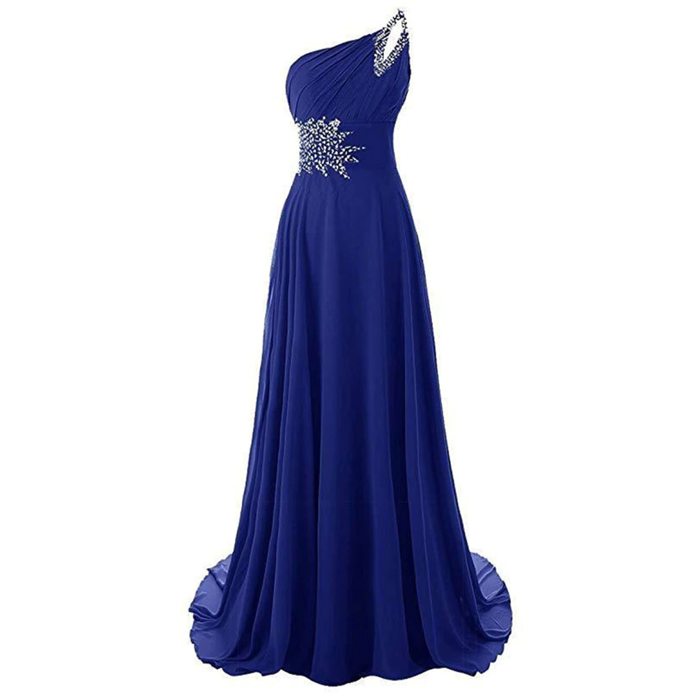 Elegant royal blue one-shoulder gown with silver embellishments on the bodice and strap. Floor-length with a flowing, graceful silhouette.