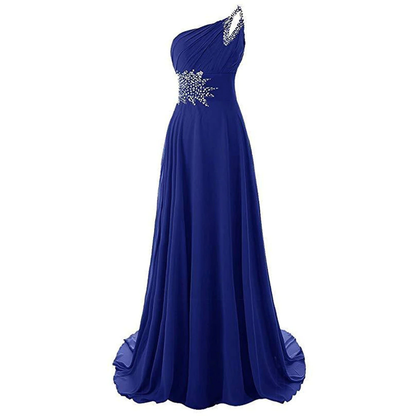 Elegant royal blue one-shoulder gown with silver embellishments on the bodice and strap. Floor-length with a flowing, graceful silhouette.