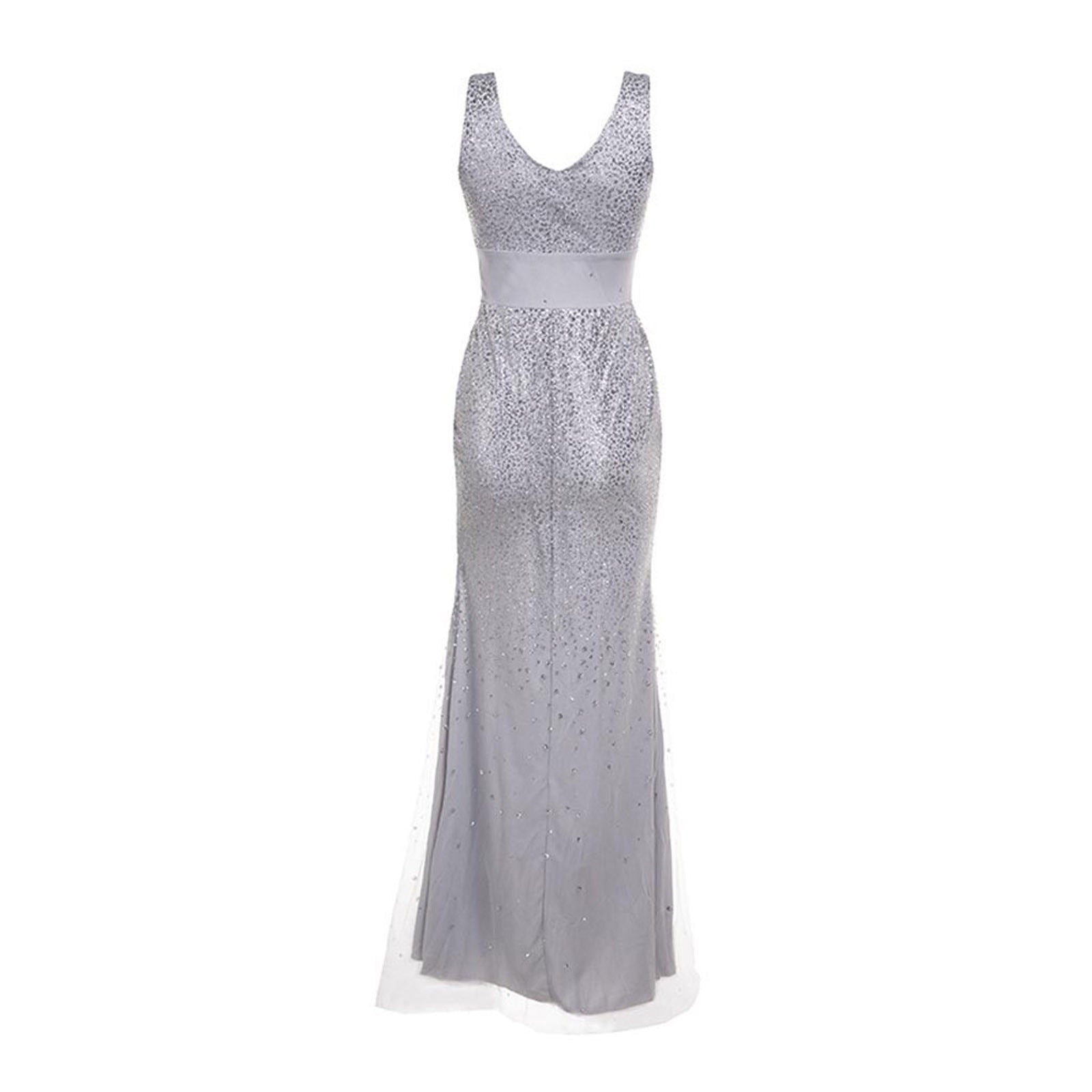 Elegant silver evening gown with a V-neckline, fitted bodice, and flowing hem. The dress is adorned with sparkling embellishments, conveying a glamorous tone.