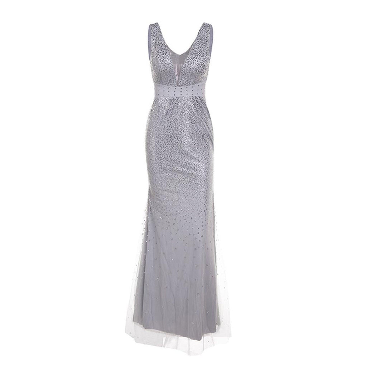 Elegant silver evening gown with a V-neck and sleeveless design. The dress features a fitted waist and shimmering embellishments, exuding sophistication.