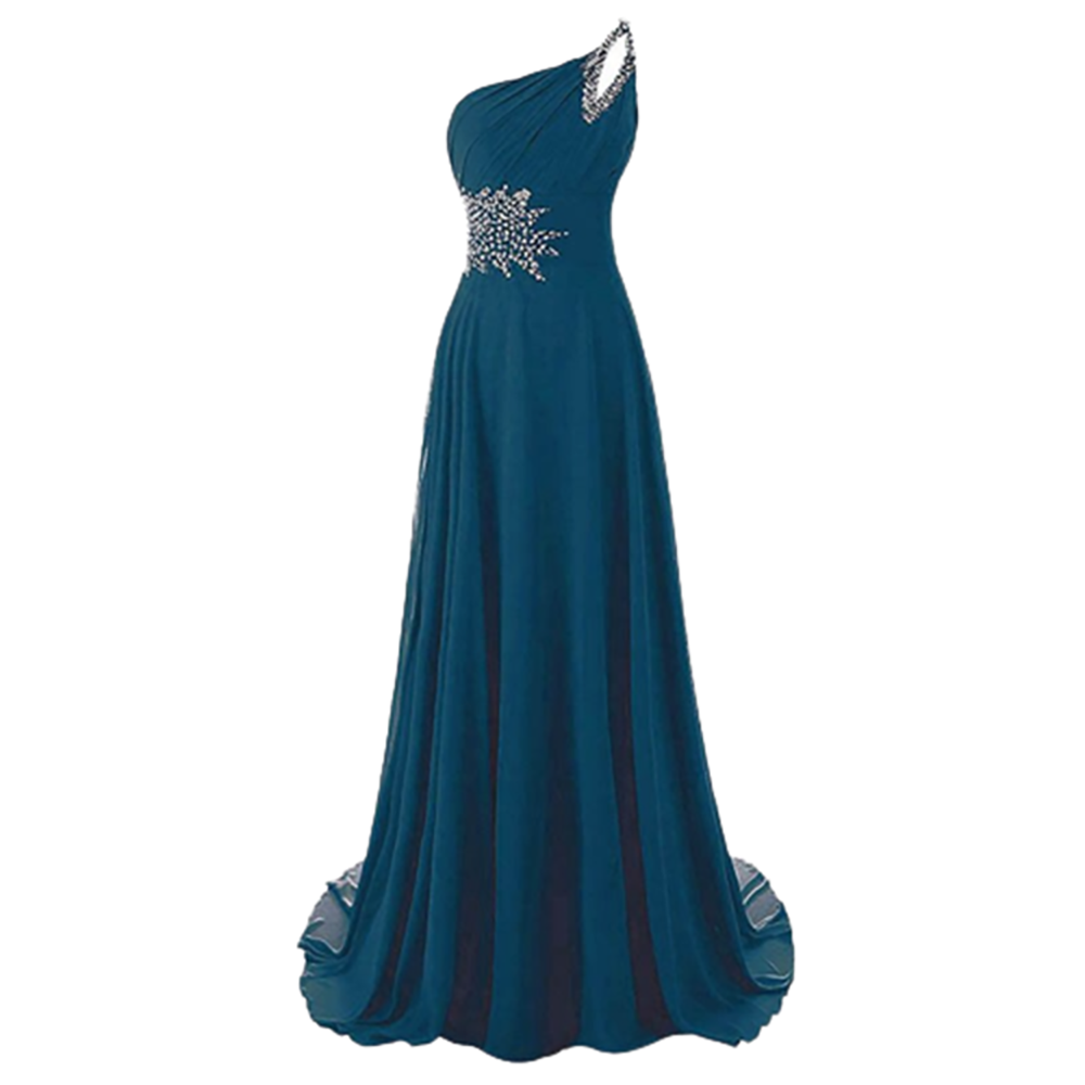 Elegant teal evening gown with one shoulder design, adorned with silver embellishments at the waist and shoulder. Flowing fabric conveys grace.