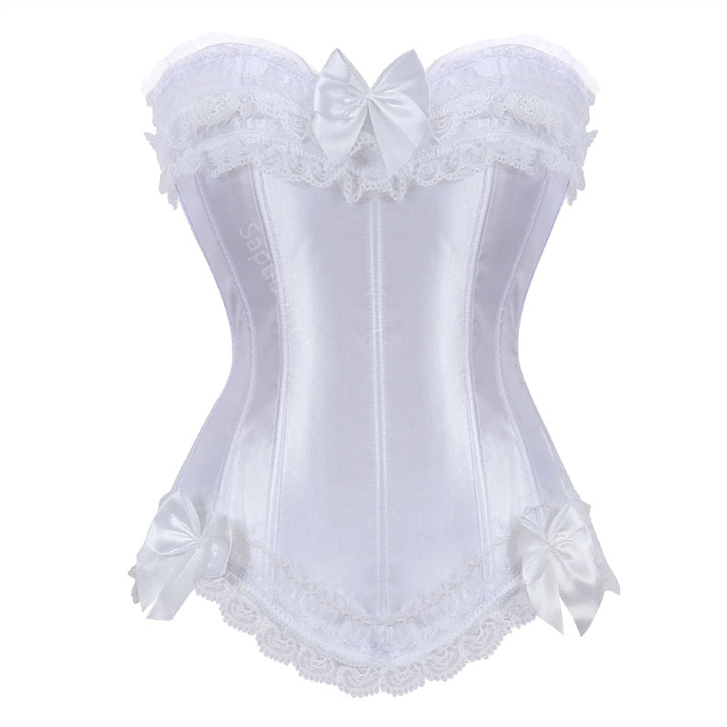 Elegant white corset with lace trim and satin bows. The corset features intricate detailing and a refined, romantic design, exuding classic elegance.