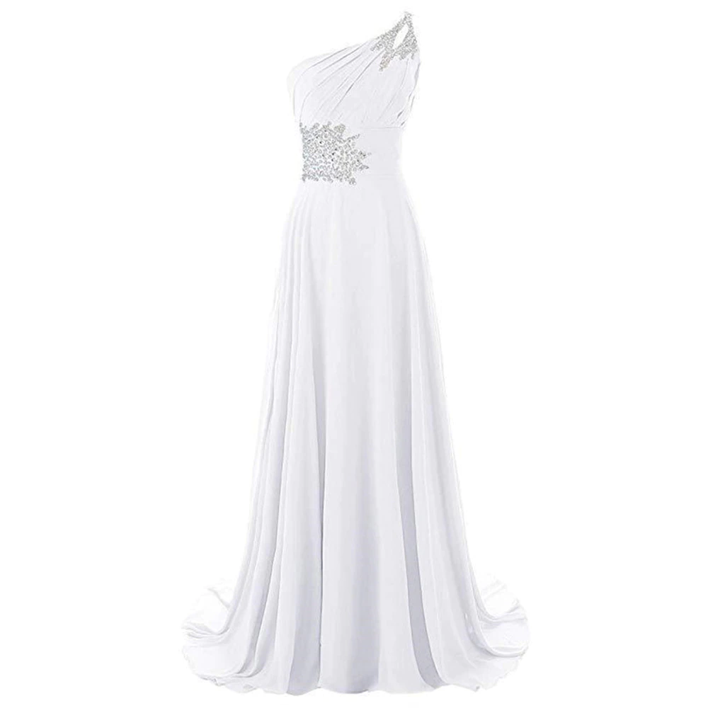 Elegant white one-shoulder gown with silver embellishments at the waist and shoulder, featuring a flowing, floor-length skirt. Classic and sophisticated.