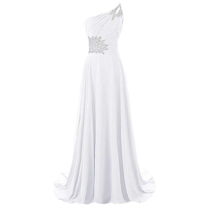 Elegant white one-shoulder gown with silver embellishments at the waist and shoulder, featuring a flowing, floor-length skirt. Classic and sophisticated.