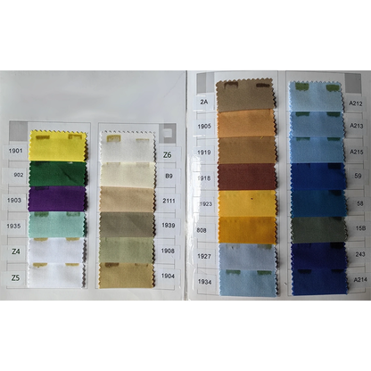 Fabric swatches in various colors displayed on a grid. Colors range from yellow, green, purple, beige, brown, to blue, each labeled with numbers.