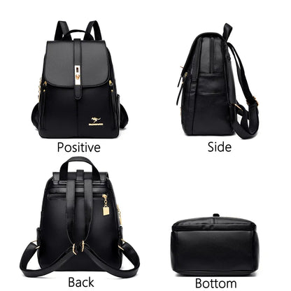 Four views of a sleek black leather backpack, showcasing its front, side, back, and bottom designs with gold accents.