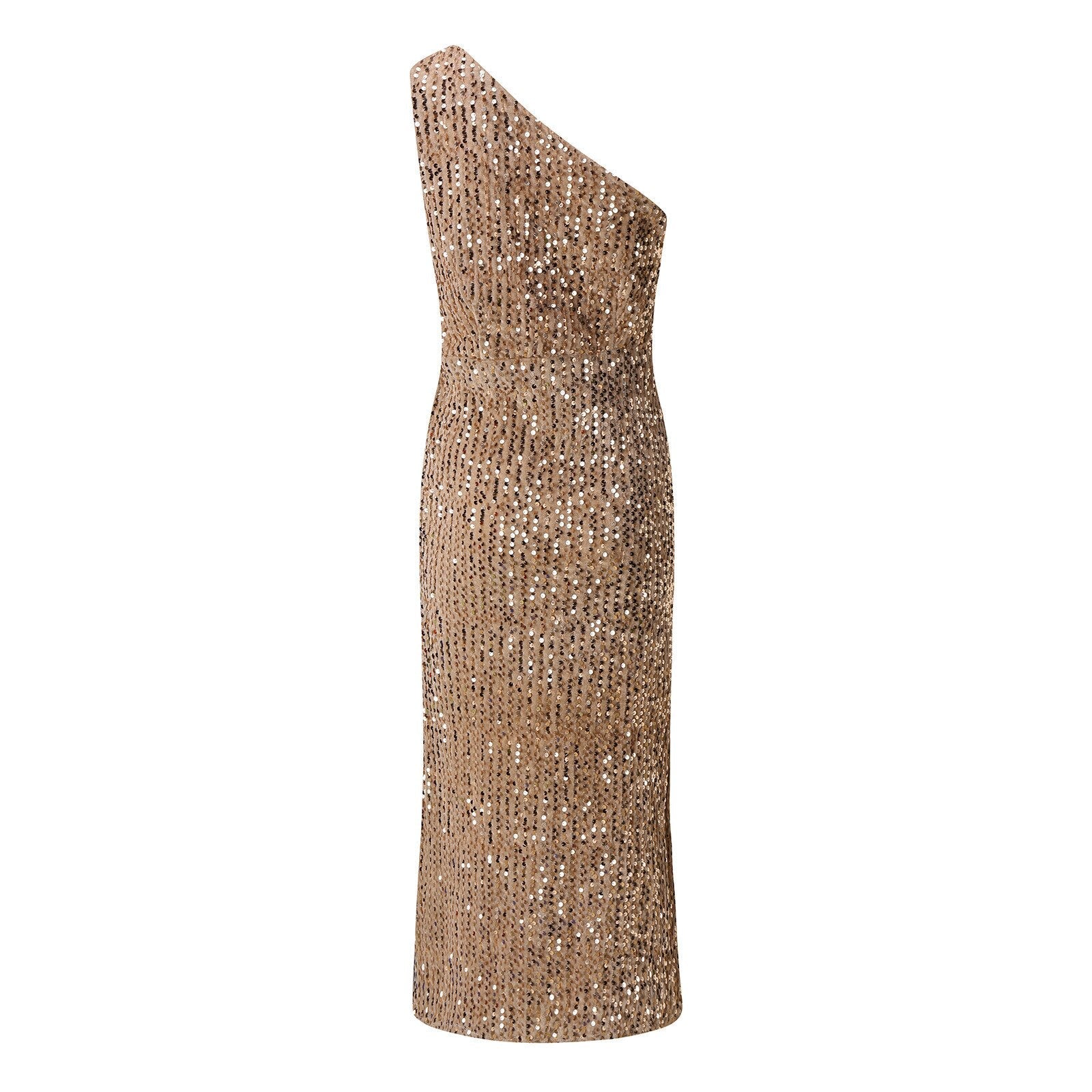 Gold sequined one-shoulder dress on white background. The sparkling fabric and asymmetrical neckline create an elegant and glamorous look.