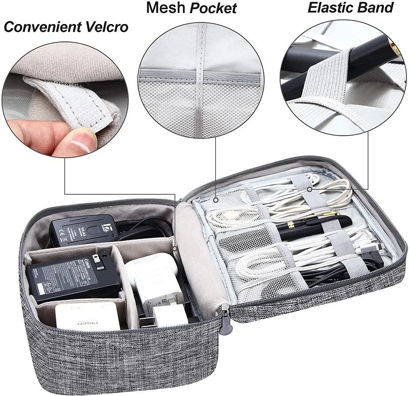 Gray electronic organizer case with compartments for chargers and cables, featuring mesh pockets, elastic bands, and Velcro closure.