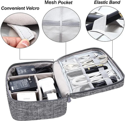 Gray electronic organizer case with compartments for chargers and cables, featuring mesh pockets, elastic bands, and Velcro closure.