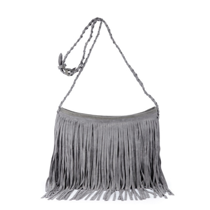 Gray fringe shoulder bag with braided strap, featuring long hanging fringes for a bohemian style. Perfect for casual outfits.