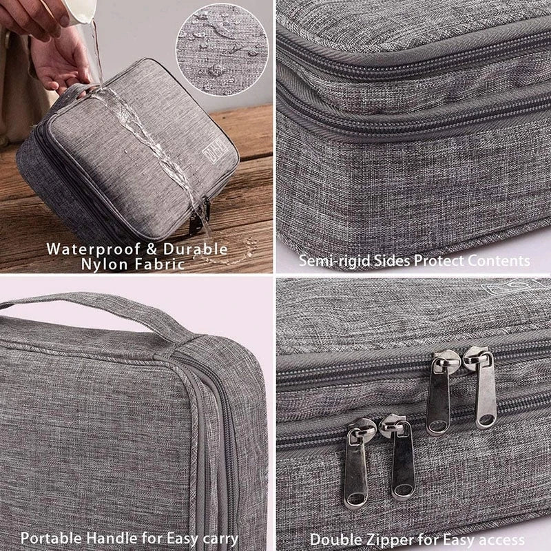 Gray nylon travel bag features waterproof fabric, semi-rigid sides, double zippers, and a portable handle for easy carrying.