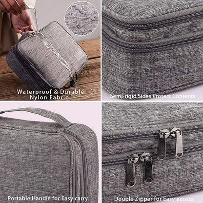 Gray nylon travel bag features waterproof fabric, semi-rigid sides, double zippers, and a portable handle for easy carrying.