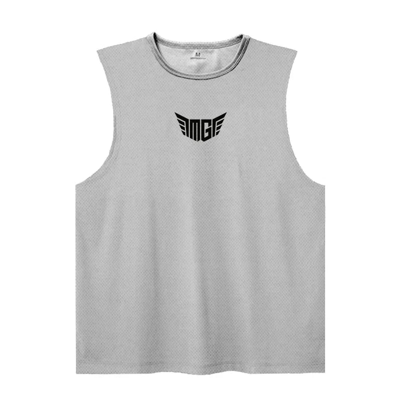 Gray sleeveless athletic tank top featuring a prominent black "MGF" logo with wing design on the front.