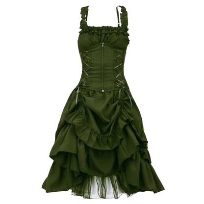 Green Gothic-style dress with a corset bodice, crisscross lacing, and layered ruffled skirt. The design conveys an elegant, vintage feel.