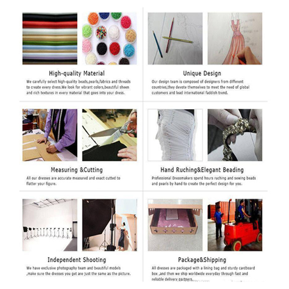 Grid of six images showcasing fashion production, including materials, design, cutting, beading, shooting, and shipping. Professional and detailed process.
