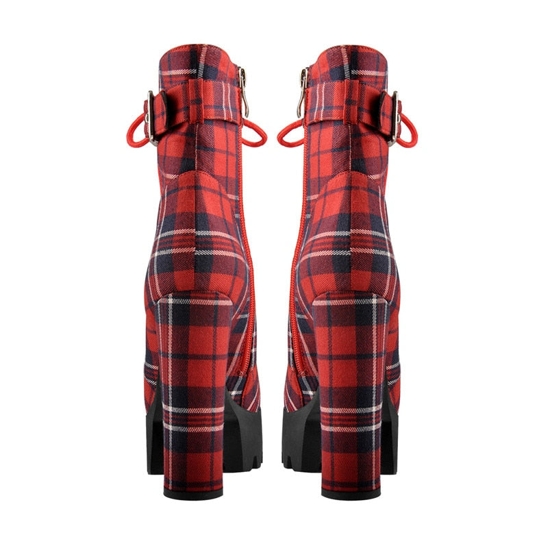 Funki Findz | Boots | Women's Plaid Buckle Strap Ankle Boots