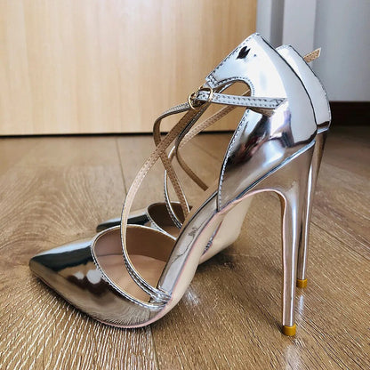 Funki Findz | Shoes | Women's Silver Cross Ankle Strap Stilettos