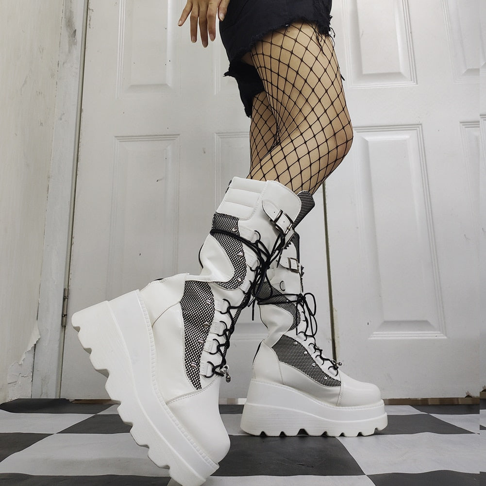 Funki Findz | Boots | Women's Goth Lace Up Platform Wedges