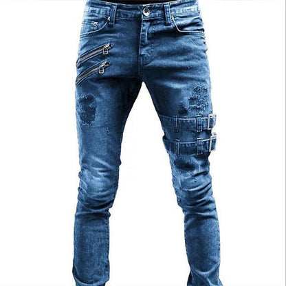 Funki Findz | Pants | Men's Skinny Buckle Strap Zipper Jeans
