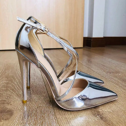 Funki Findz | Shoes | Women's Silver Cross Ankle Strap Stilettos