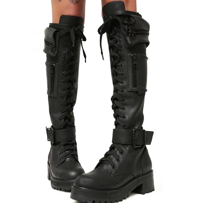 Funki Findz | Boots | Women's Knee High Goth Zip Pouch Boots