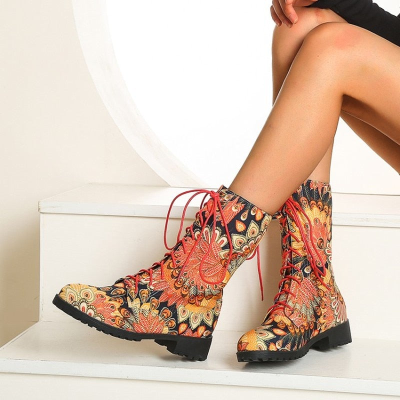 Funki Findz | Boots | Women's Flower Print Lace Up Calf Boots
