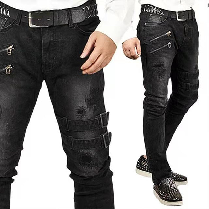 Funki Findz | Pants | Men's Skinny Buckle Strap Zipper Jeans