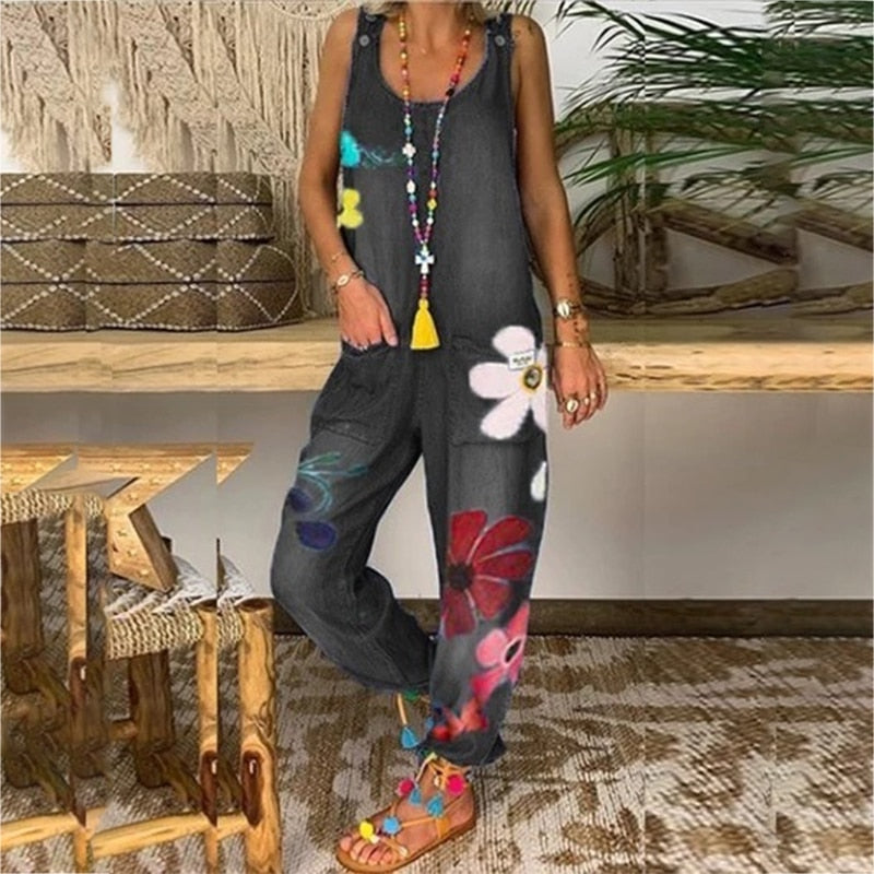 Funki Findz | Pants | Women's Boho Denim Flower Print Romper