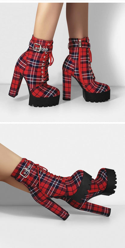 Funki Findz | Boots | Women's Plaid Buckle Strap Ankle Boots