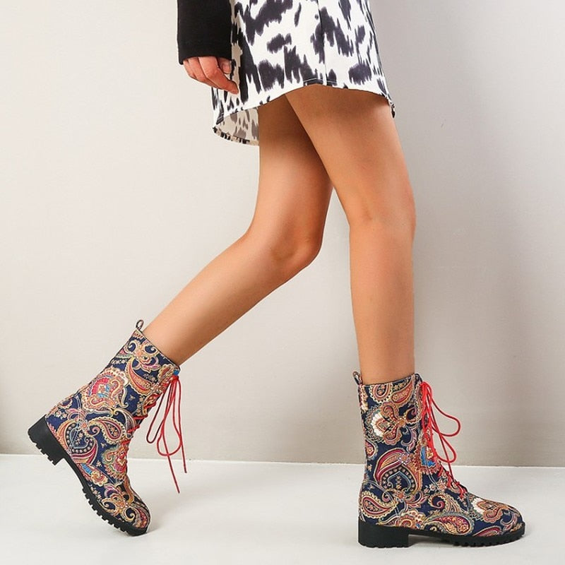 Funki Findz | Boots | Women's Flower Print Lace Up Calf Boots