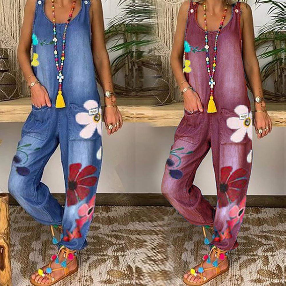 Funki Findz | Pants | Women's Boho Denim Flower Print Romper