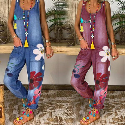 Funki Findz | Pants | Women's Boho Denim Flower Print Romper