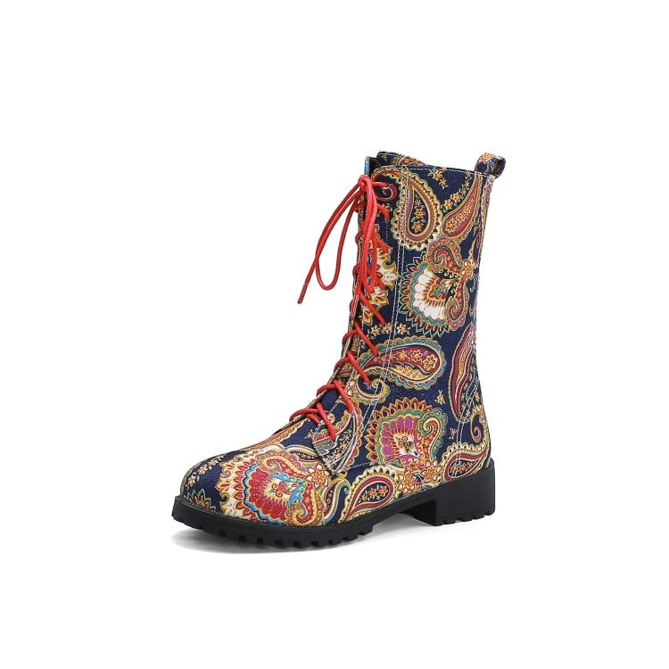 Funki Findz | Boots | Women's Flower Print Lace Up Calf Boots