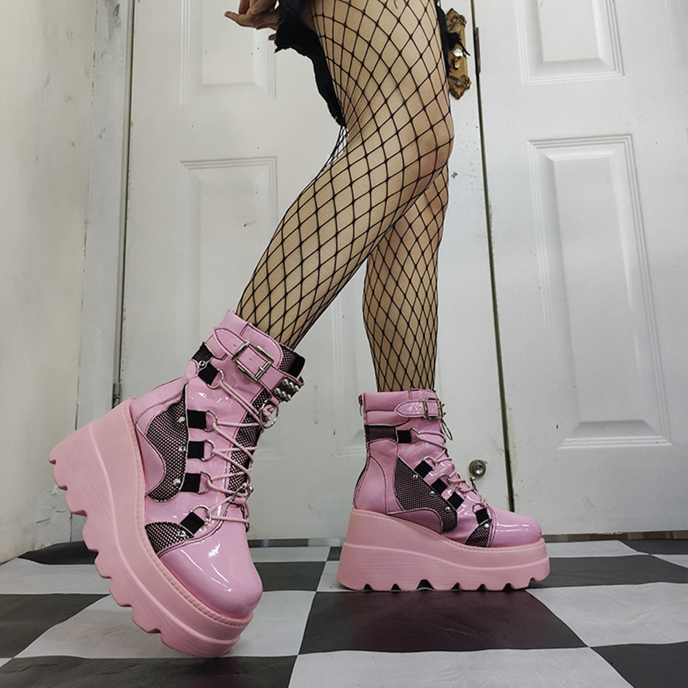 Funki Findz | Boots | Women's Goth Lace Up Platform Wedges