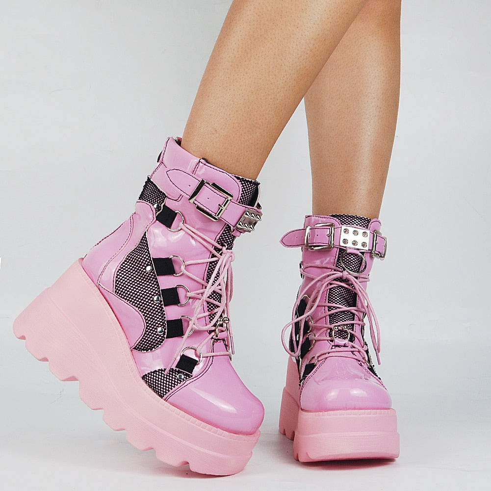 Funki Findz | Boots | Women's Goth Lace Up Platform Wedges