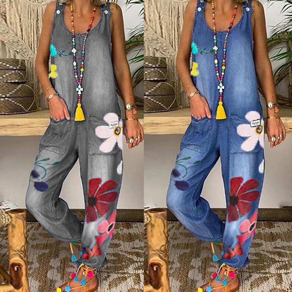 Funki Findz | Pants | Women's Boho Denim Flower Print Romper
