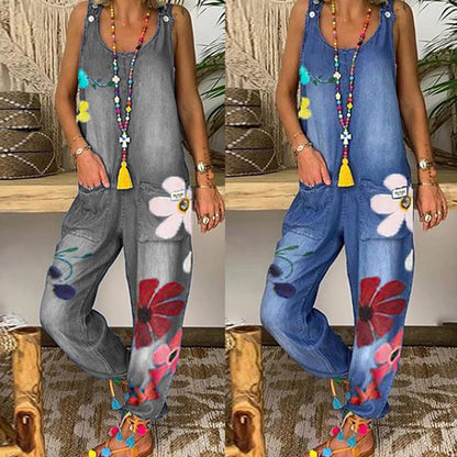 Funki Findz | Pants | Women's Boho Denim Flower Print Romper