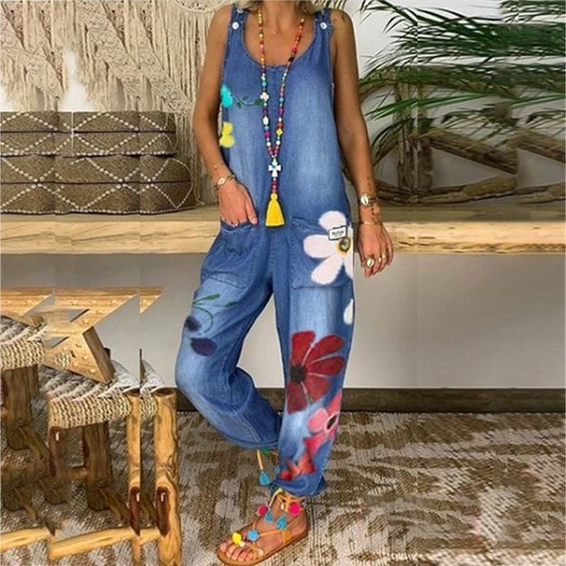 Funki Findz | Pants | Women's Boho Denim Flower Print Romper