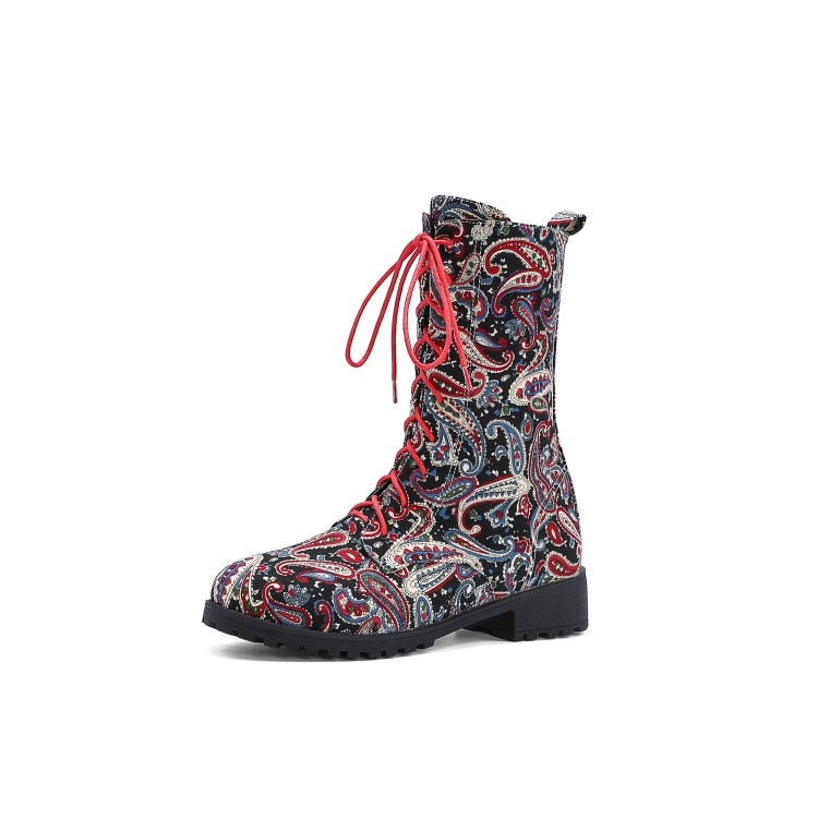 Funki Findz | Boots | Women's Flower Print Lace Up Calf Boots