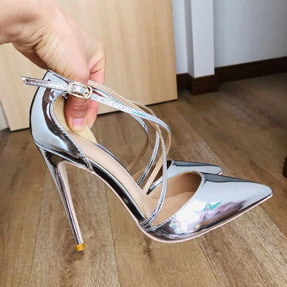 Funki Findz | Shoes | Women's Silver Cross Ankle Strap Stilettos