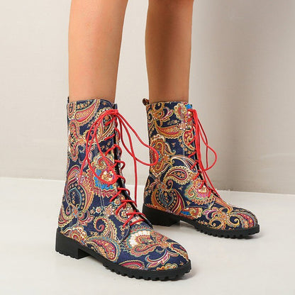 Funki Findz | Boots | Women's Flower Print Lace Up Calf Boots