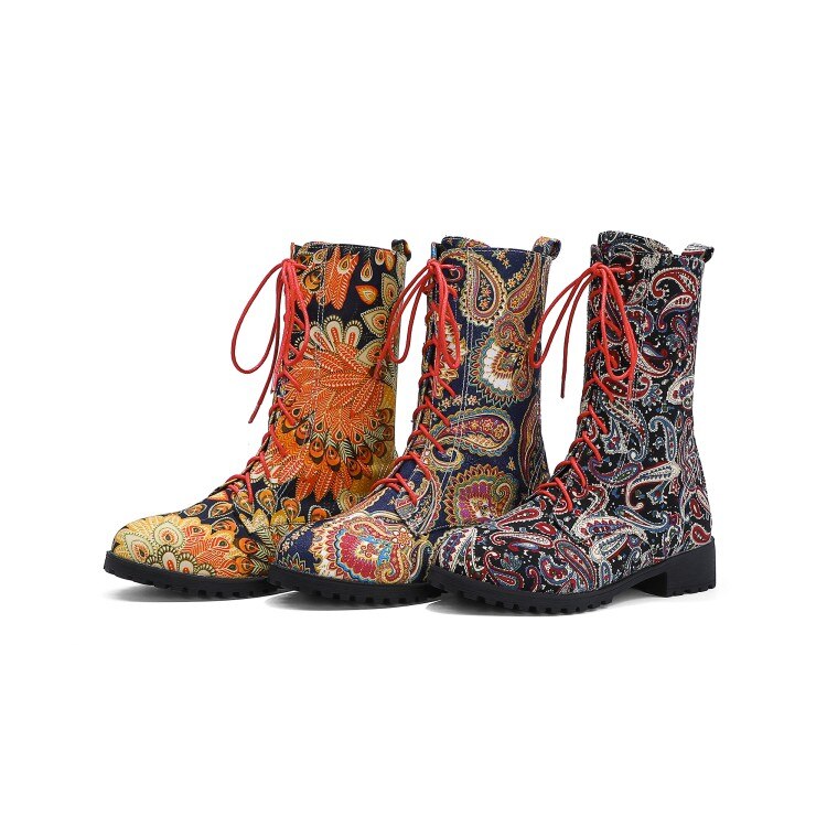 Funki Findz | Boots | Women's Flower Print Lace Up Calf Boots