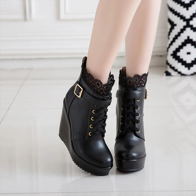 Funki Findz | Boots | Women's High Lace Top Wedge Ankle Boots