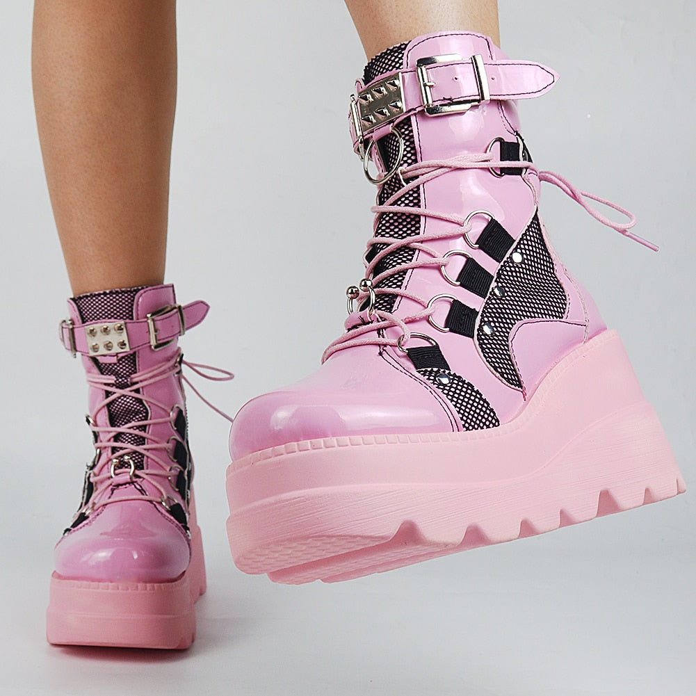 Funki Findz | Boots | Women's Goth Lace Up Platform Wedges