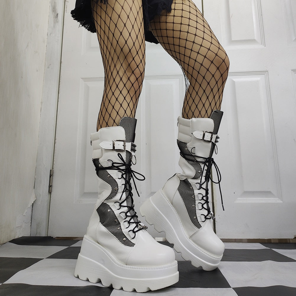 Funki Findz | Boots | Women's Goth Lace Up Platform Wedges