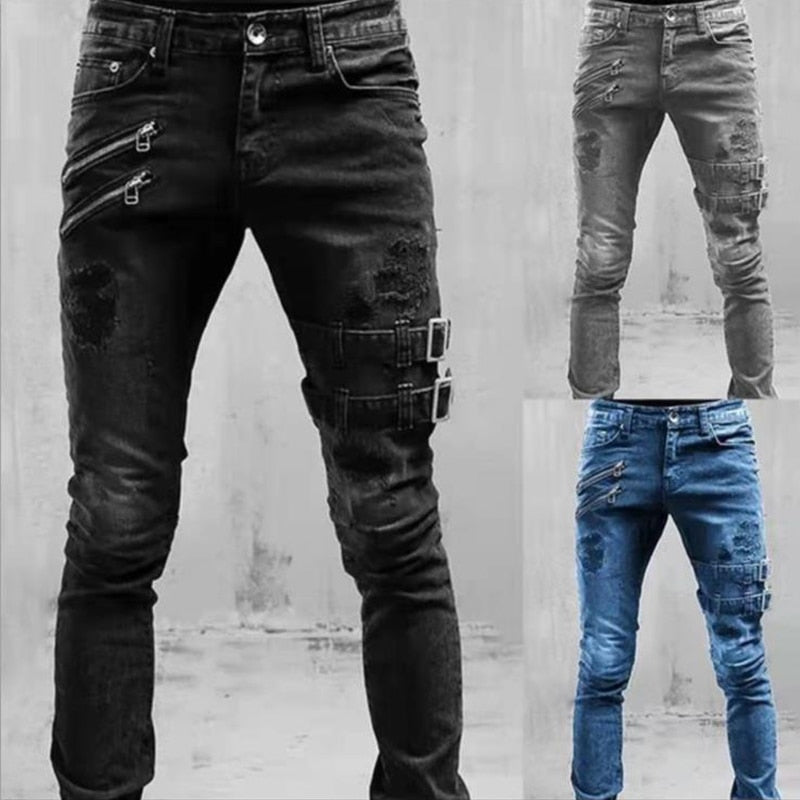 Funki Findz | Pants | Men's Skinny Buckle Strap Zipper Jeans