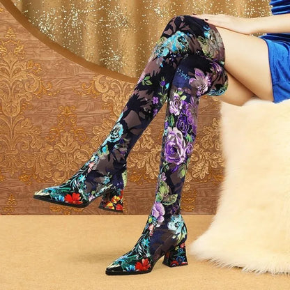 Funki Findz | Boots | Women's Over Knee Flower Embroider Boot