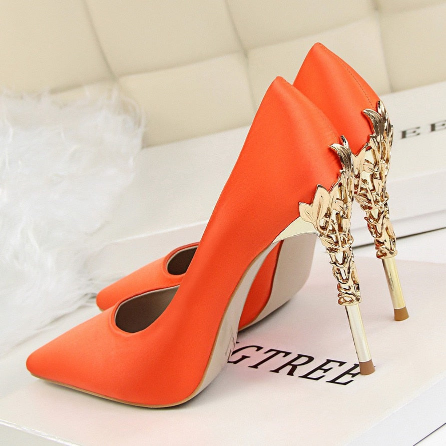 Funki Findz | Shoes | Women's Silk Stilettos | Metal Carved Heels