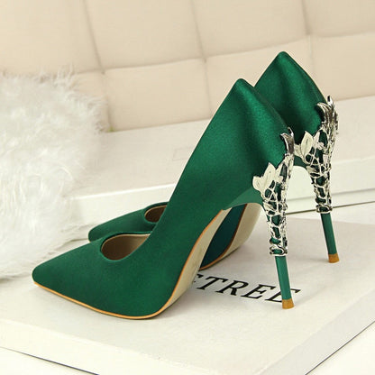 Funki Findz | Shoes | Women's Silk Stilettos | Metal Carved Heels