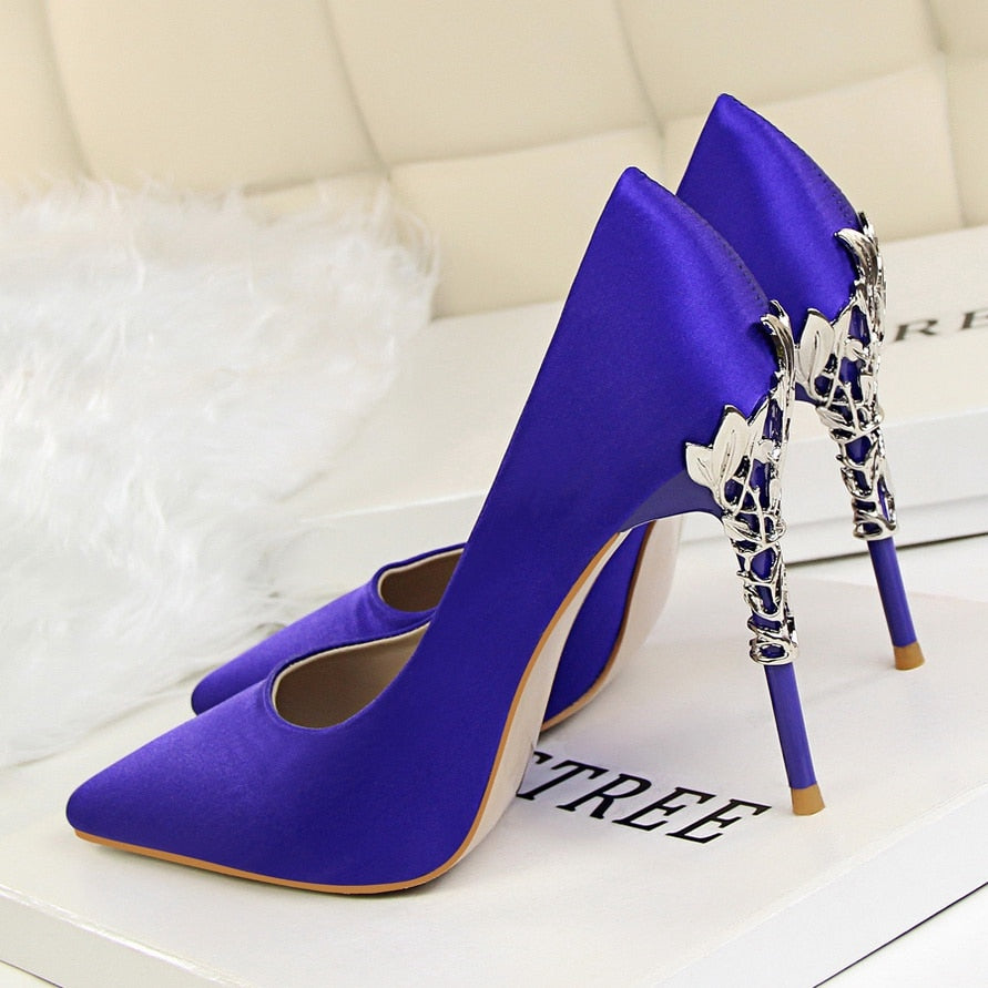 Funki Findz | Shoes | Women's Silk Stilettos | Metal Carved Heels